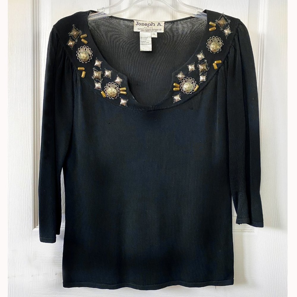 “Joseph A.” Size Small, 65% viscose/35% nylon black knit pullover top